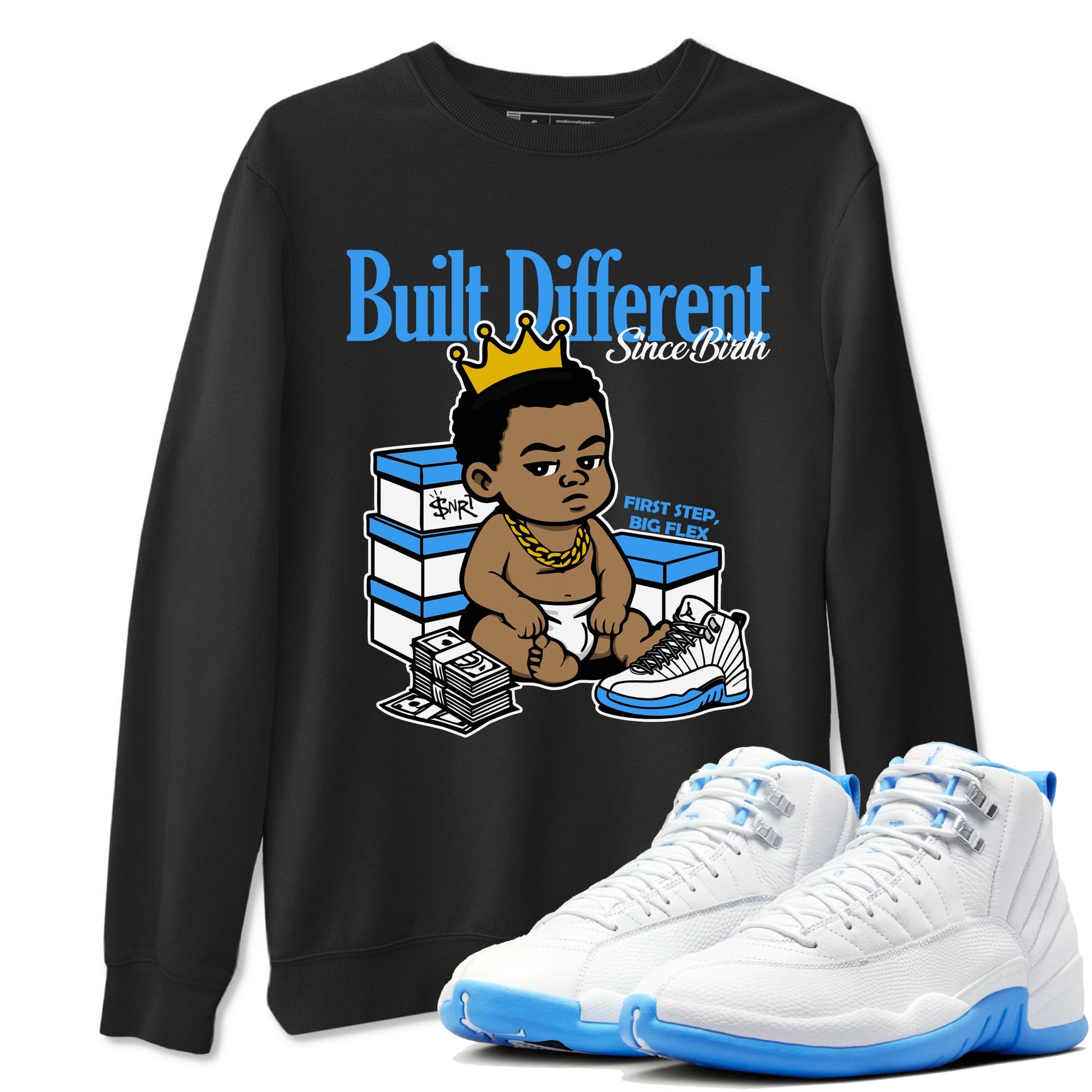 Built Different Since Birth sneaker match t-shirt styled to complete your fit with the Air Jordan 12 White and University Blue sneakers, shown in Black 1.