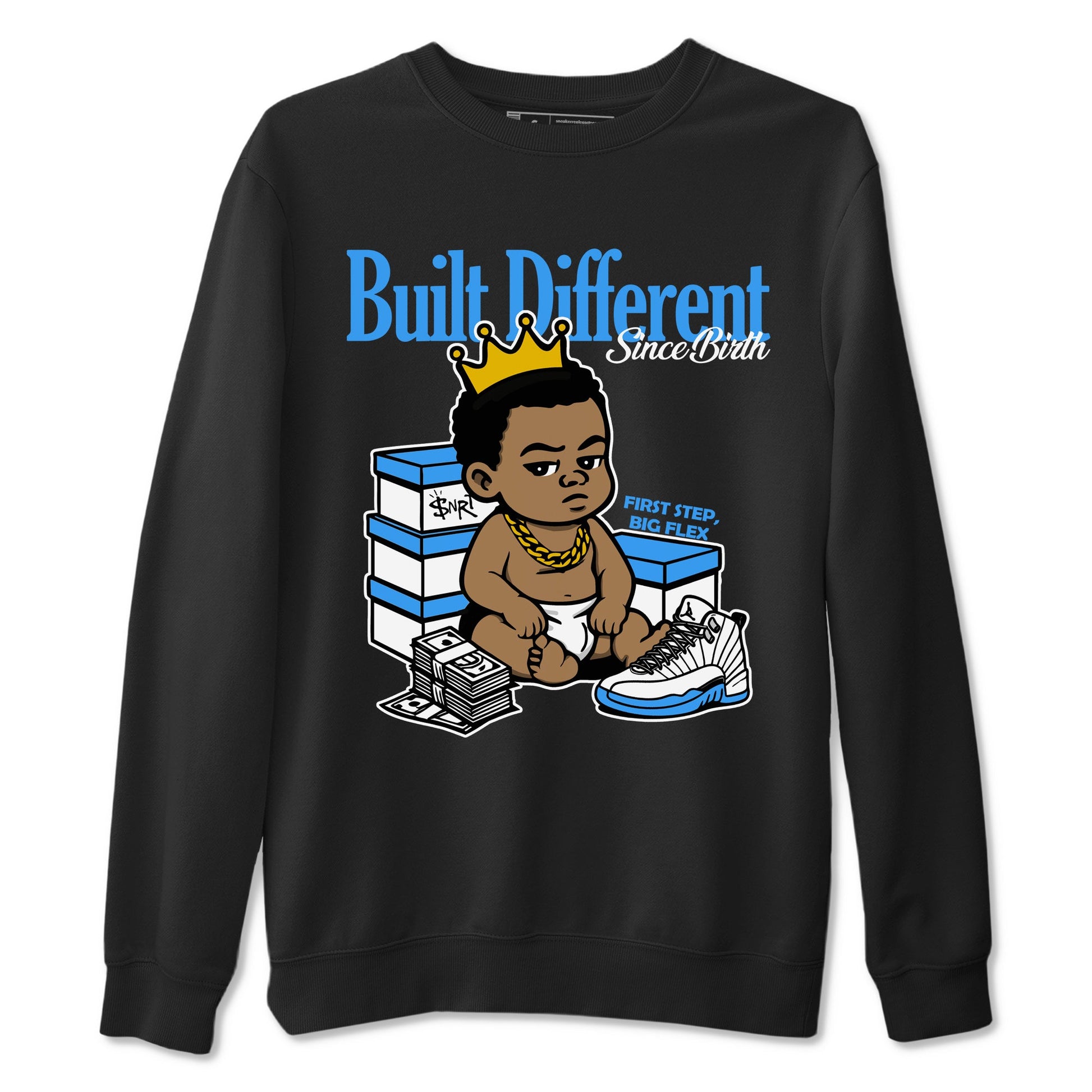 Built Different Since Birth sneaker match t-shirt styled to complete your fit with the Air Jordan 12 White and University Blue sneakers, shown in Black 2.