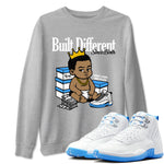 Built Different Since Birth sneaker match t-shirt styled to complete your fit with the Air Jordan 12 White and University Blue sneakers, shown in Heather Grey 1.