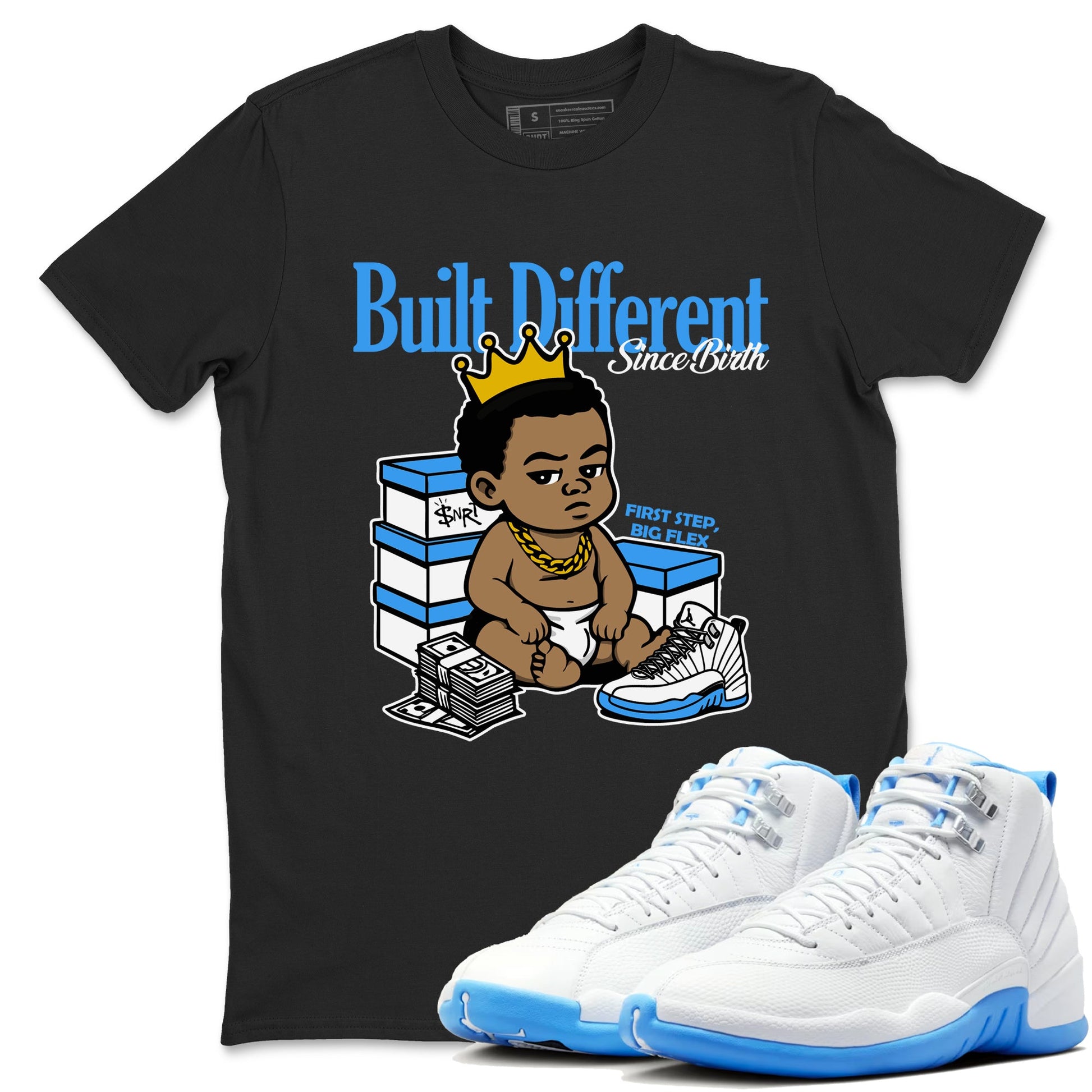 Built Different Since Birth sneaker match t-shirt styled to complete your fit with the Air Jordan 12 White and University Blue sneakers, shown in Black 1.