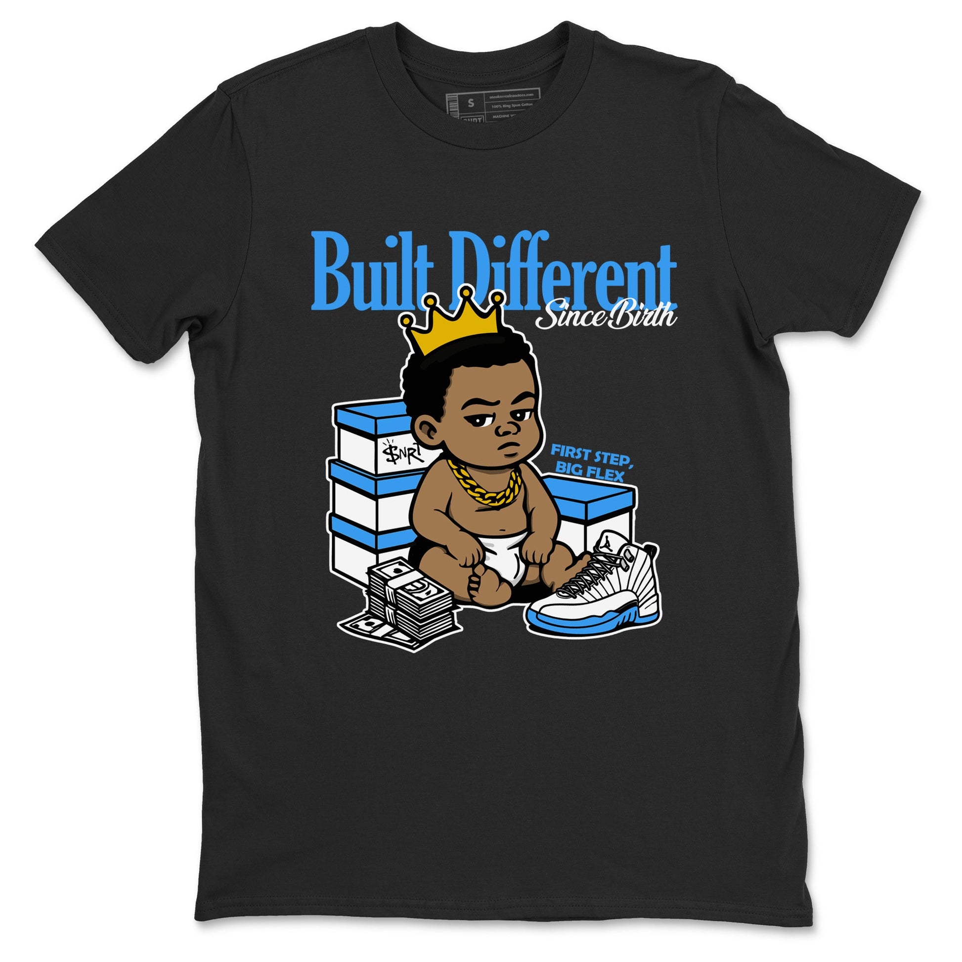 Built Different Since Birth sneaker match t-shirt styled to complete your fit with the Air Jordan 12 White and University Blue sneakers, shown in Black 2.