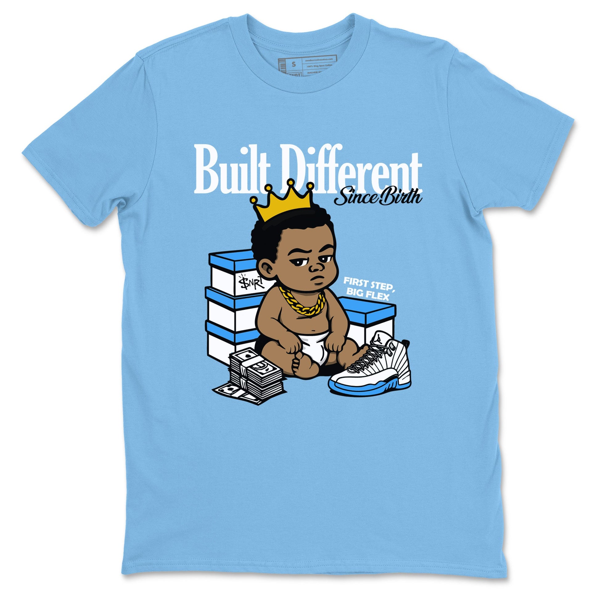 Built Different Since Birth sneaker match t-shirt styled to complete your fit with the Air Jordan 12 White and University Blue sneakers, shown in Carolina Blue 2.