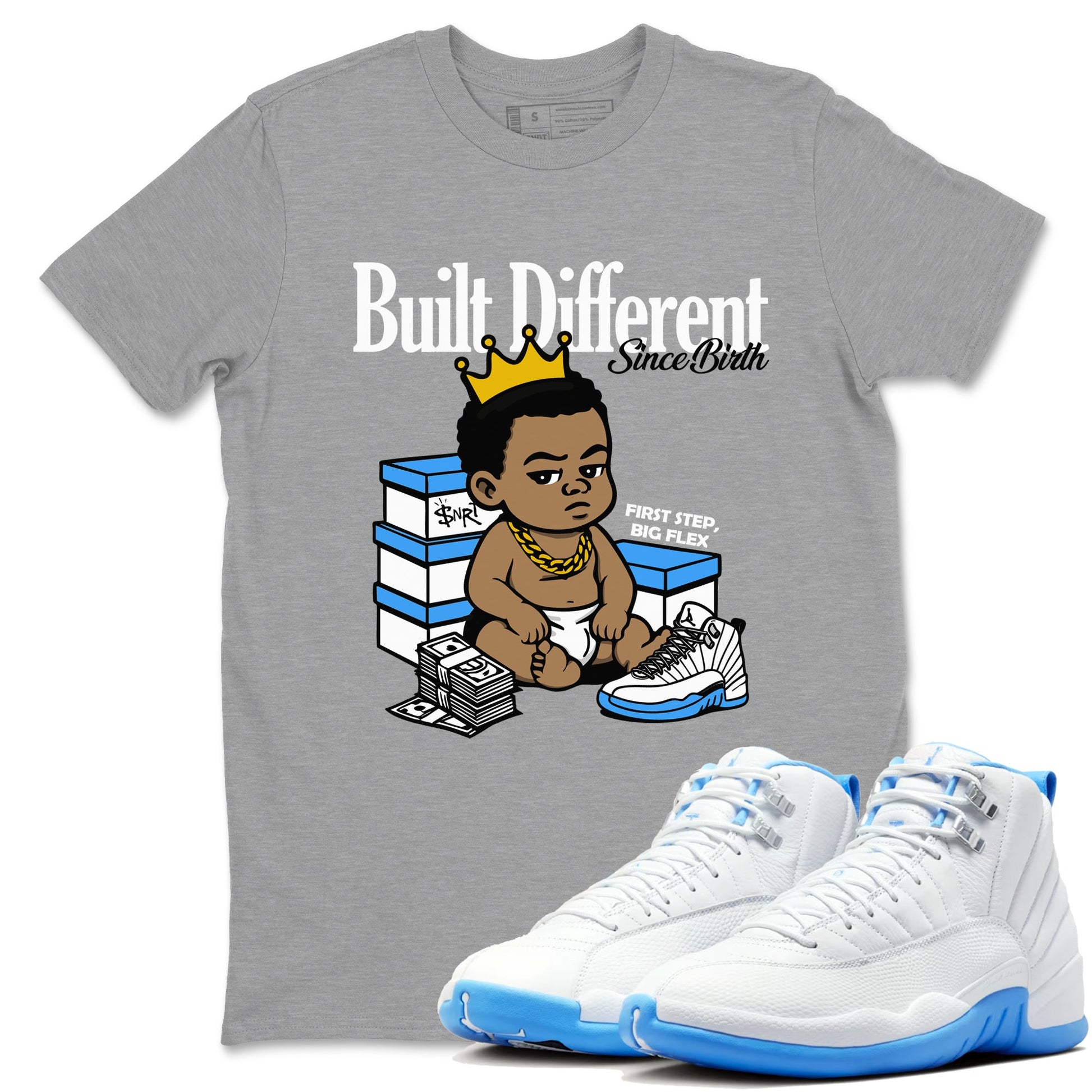 Built Different Since Birth sneaker match t-shirt styled to complete your fit with the Air Jordan 12 White and University Blue sneakers, shown in Heather Grey 1.