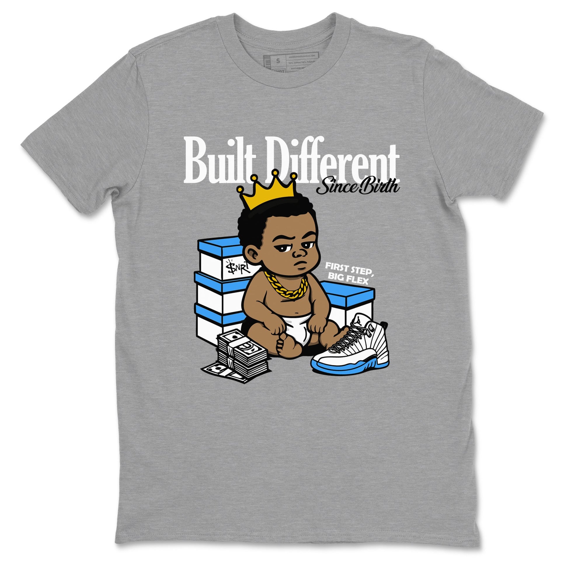 Built Different Since Birth sneaker match t-shirt styled to complete your fit with the Air Jordan 12 White and University Blue sneakers, shown in Heather Grey 2.