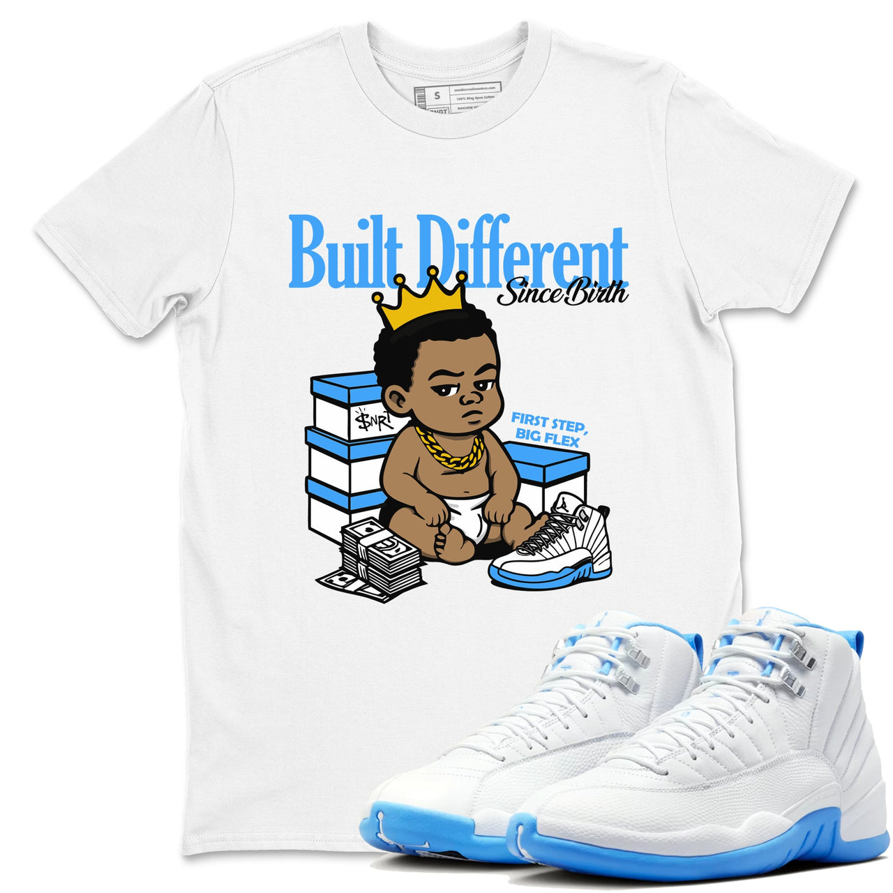 Built Different Since Birth sneaker match t-shirt styled to complete your fit with the Air Jordan 12 White and University Blue sneakers, shown in Carolina Blue 1.