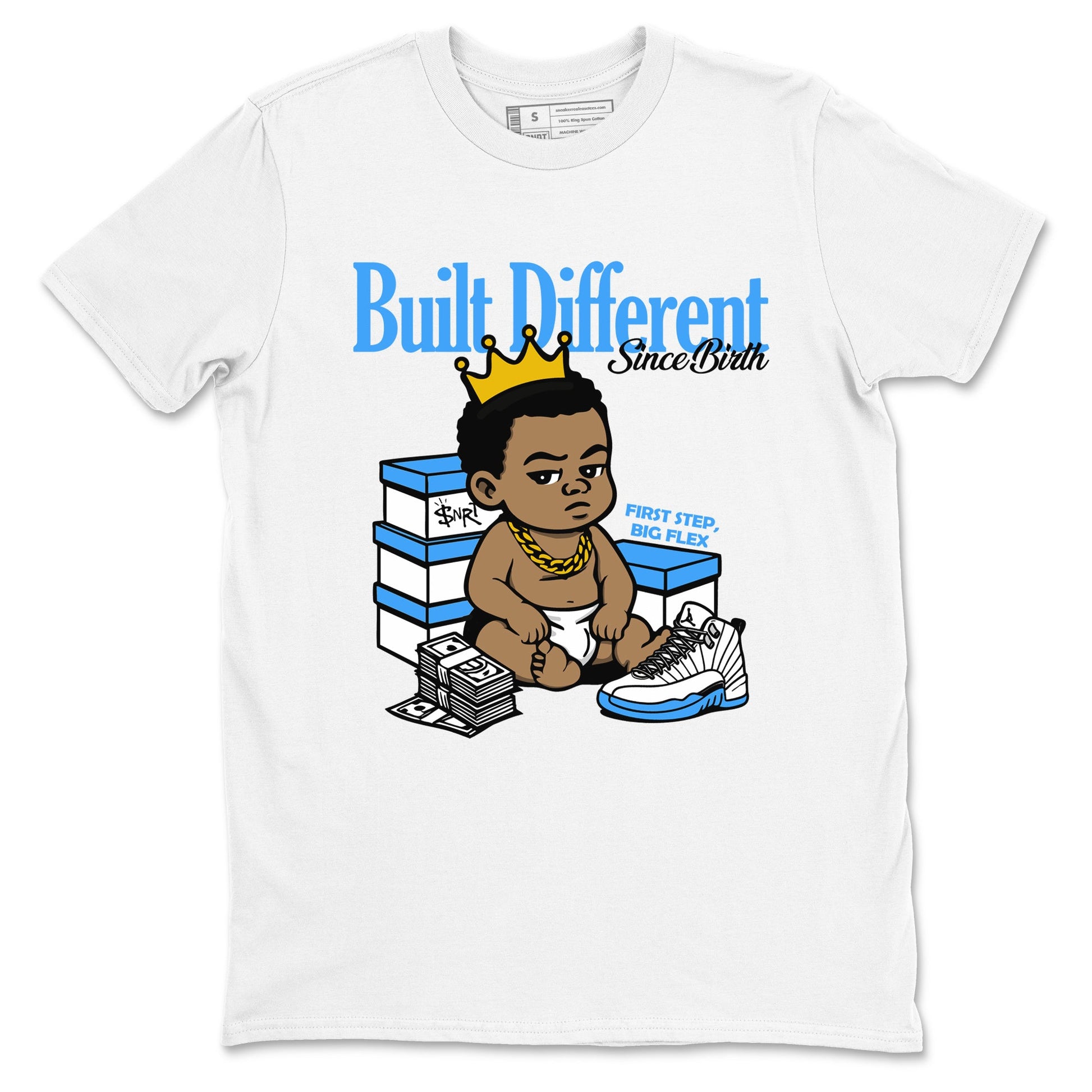Built Different Since Birth sneaker match t-shirt styled to complete your fit with the Air Jordan 12 White and University Blue sneakers, shown in White 2.