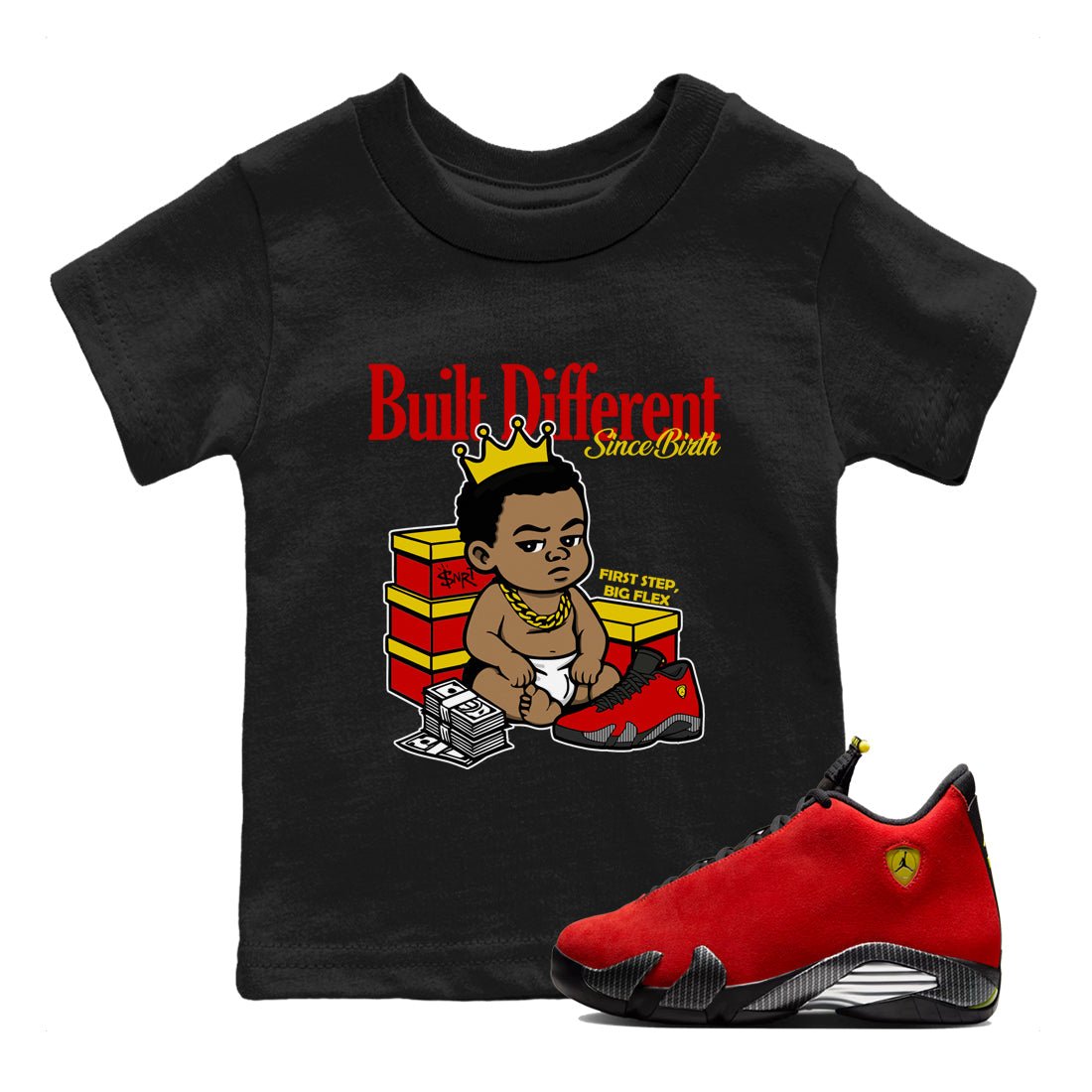 Built Different Since Birth baby and kids t-shirt crafted for little sneakerheads to shine with the Air Jordan 14 Challenge Red sneakers, AJ14 Ferrari,  displayed in Black 1.