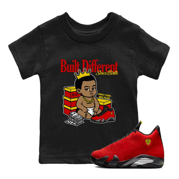 Built Different Since Birth baby and kids t-shirt crafted for little sneakerheads to shine with the Air Jordan 14 Challenge Red sneakers, AJ14 Ferrari,  displayed in Black 1.