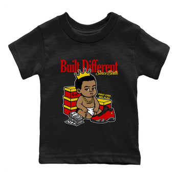Built Different Since Birth baby and kids t-shirt crafted for little sneakerheads to shine with the Air Jordan 14 Challenge Red sneakers, AJ14 Ferrari,  displayed in Black 2.