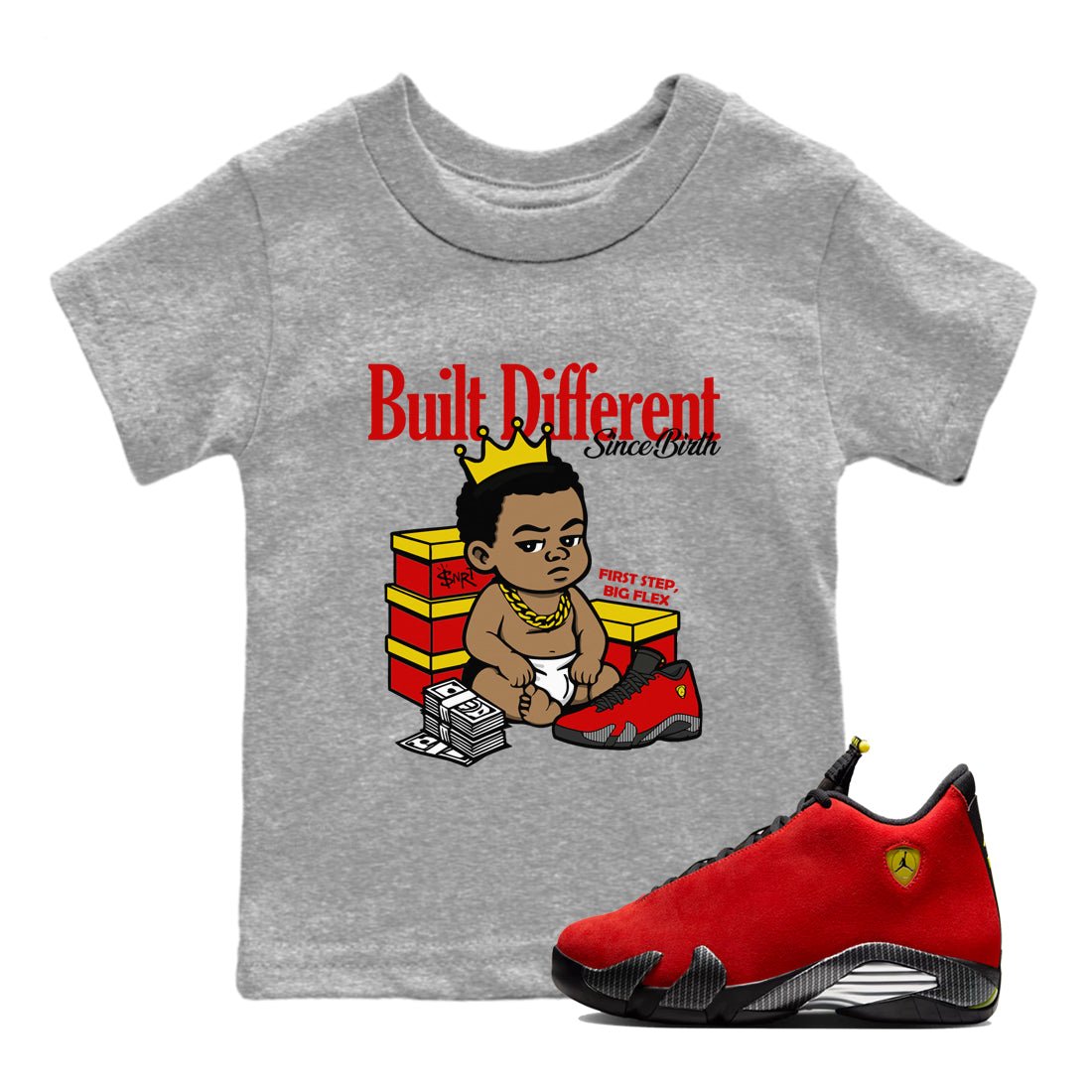 Built Different Since Birth baby and kids t-shirt crafted for little sneakerheads to shine with the Air Jordan 14 Challenge Red sneakers, AJ14 Ferrari,  displayed in Heather Grey 1.