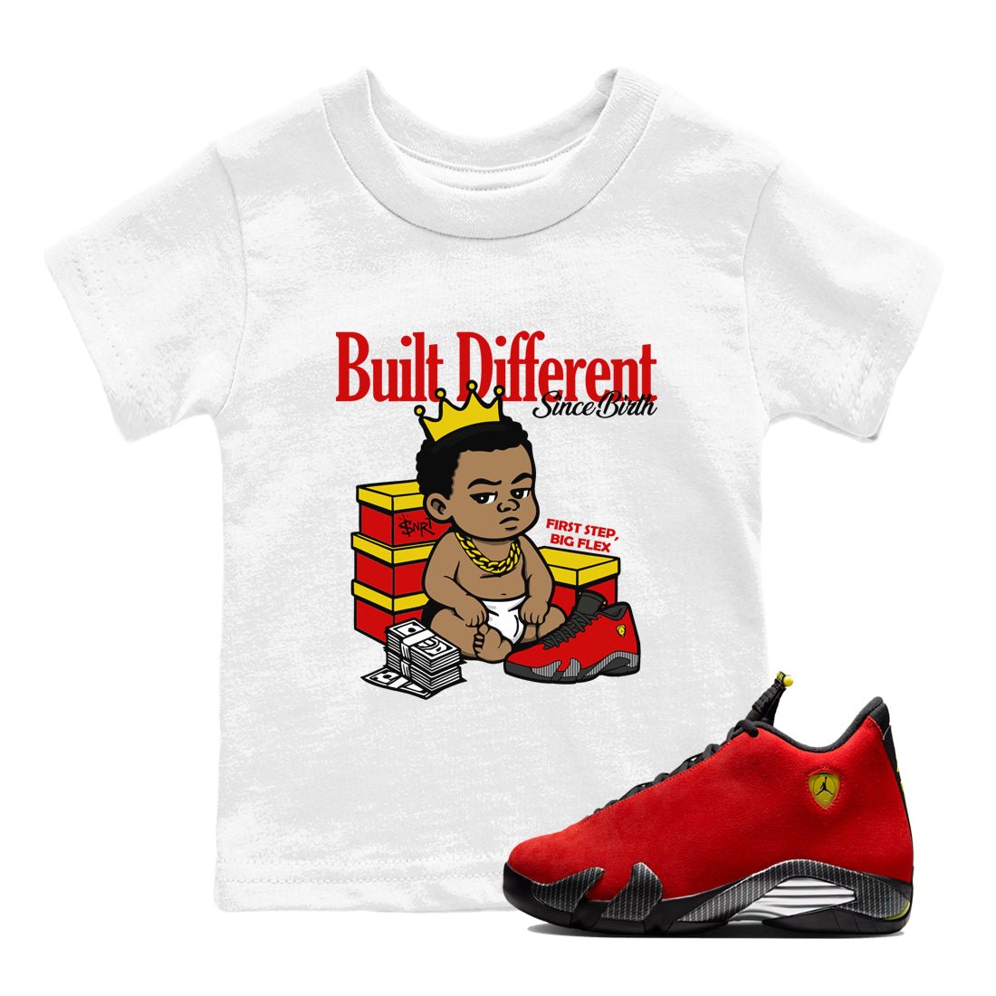 Built Different Since Birth baby and kids t-shirt crafted for little sneakerheads to shine with the Air Jordan 14 Challenge Red sneakers, AJ14 Ferrari,  displayed in White 1.