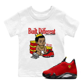 Built Different Since Birth baby and kids t-shirt crafted for little sneakerheads to shine with the Air Jordan 14 Challenge Red sneakers, AJ14 Ferrari,  displayed in White 1.