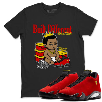 Built Different Since Birth sneaker match t-shirt styled to complete your fit with the Air Jordan 14 Challenge Red sneakers, AJ14 Ferrari,  shown in Black 1.