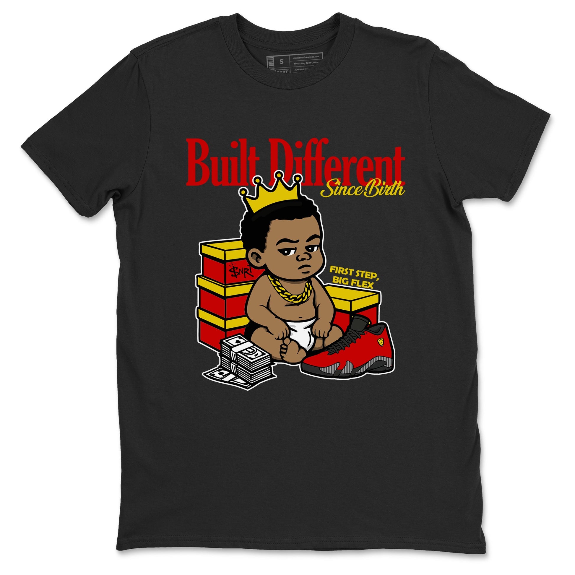 Built Different Since Birth sneaker match t-shirt styled to complete your fit with the Air Jordan 14 Challenge Red sneakers, AJ14 Ferrari,  shown in Black 2.