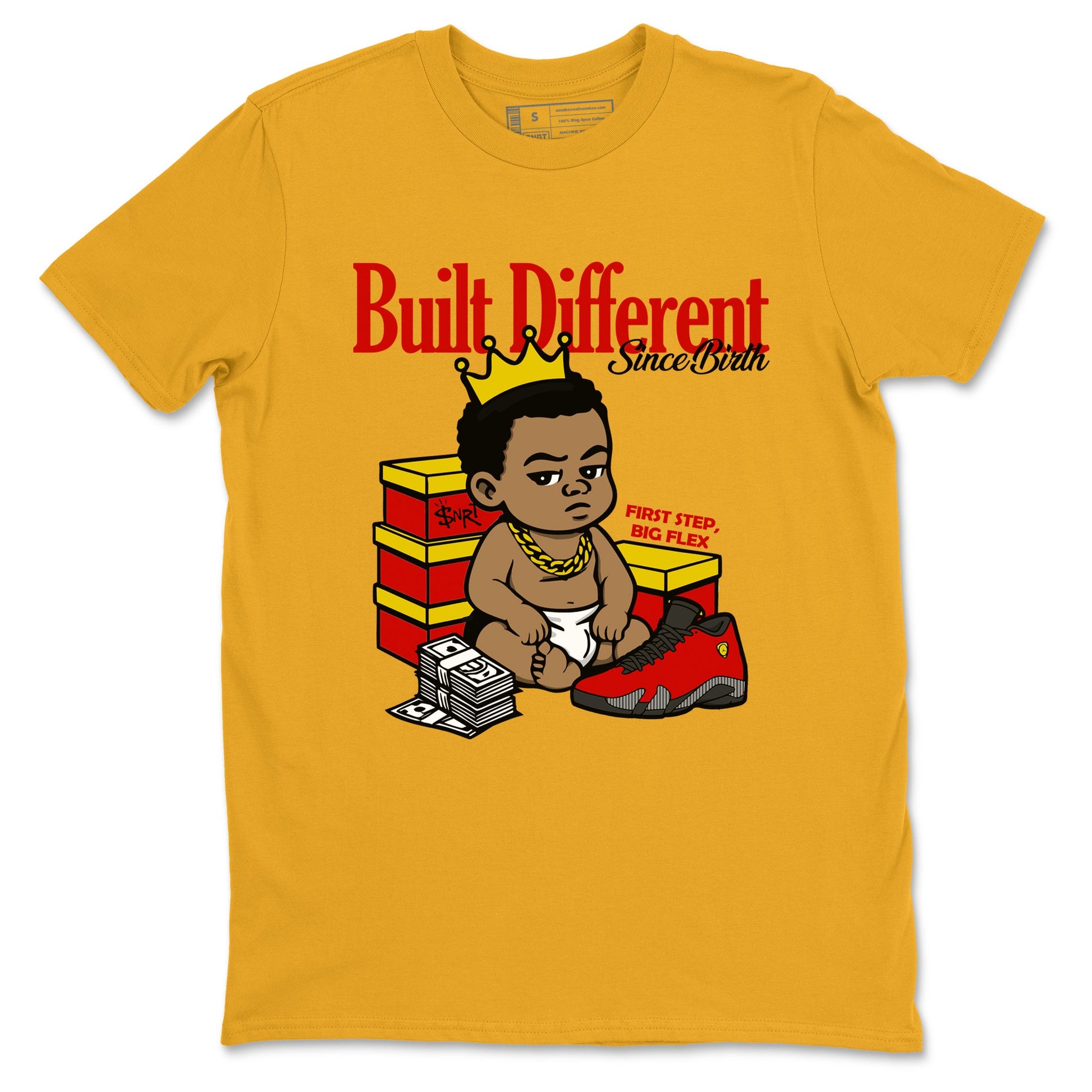 Built Different Since Birth sneaker match t-shirt styled to complete your fit with the Air Jordan 14 Challenge Red sneakers, AJ14 Ferrari,  shown in Gold 2.