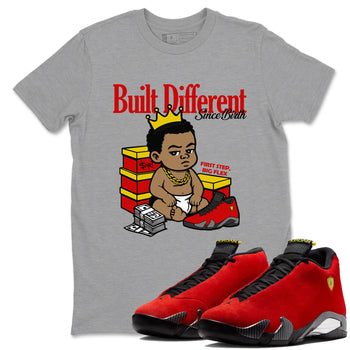 Built Different Since Birth sneaker match t-shirt styled to complete your fit with the Air Jordan 14 Challenge Red sneakers, AJ14 Ferrari,  shown in Heather Grey 1.