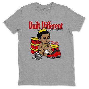 Built Different Since Birth sneaker match t-shirt styled to complete your fit with the Air Jordan 14 Challenge Red sneakers, AJ14 Ferrari,  shown in Heather Grey 2.