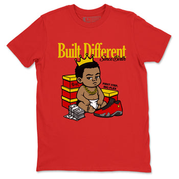 Built Different Since Birth sneaker match t-shirt styled to complete your fit with the Air Jordan 14 Challenge Red sneakers, AJ14 Ferrari,  shown in Red 2.