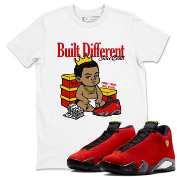 Built Different Since Birth sneaker match t-shirt styled to complete your fit with the Air Jordan 14 Challenge Red sneakers, AJ14 Ferrari,  shown in White 1.