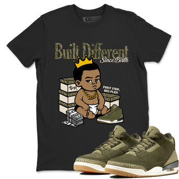 Sneaker Threads – Sneaker Tees To Match Air Jordan 3 Medium Olive – Built Different Since Birth Graphic Tee Black 1. Perfect for Jordan releases 2025 colorways.