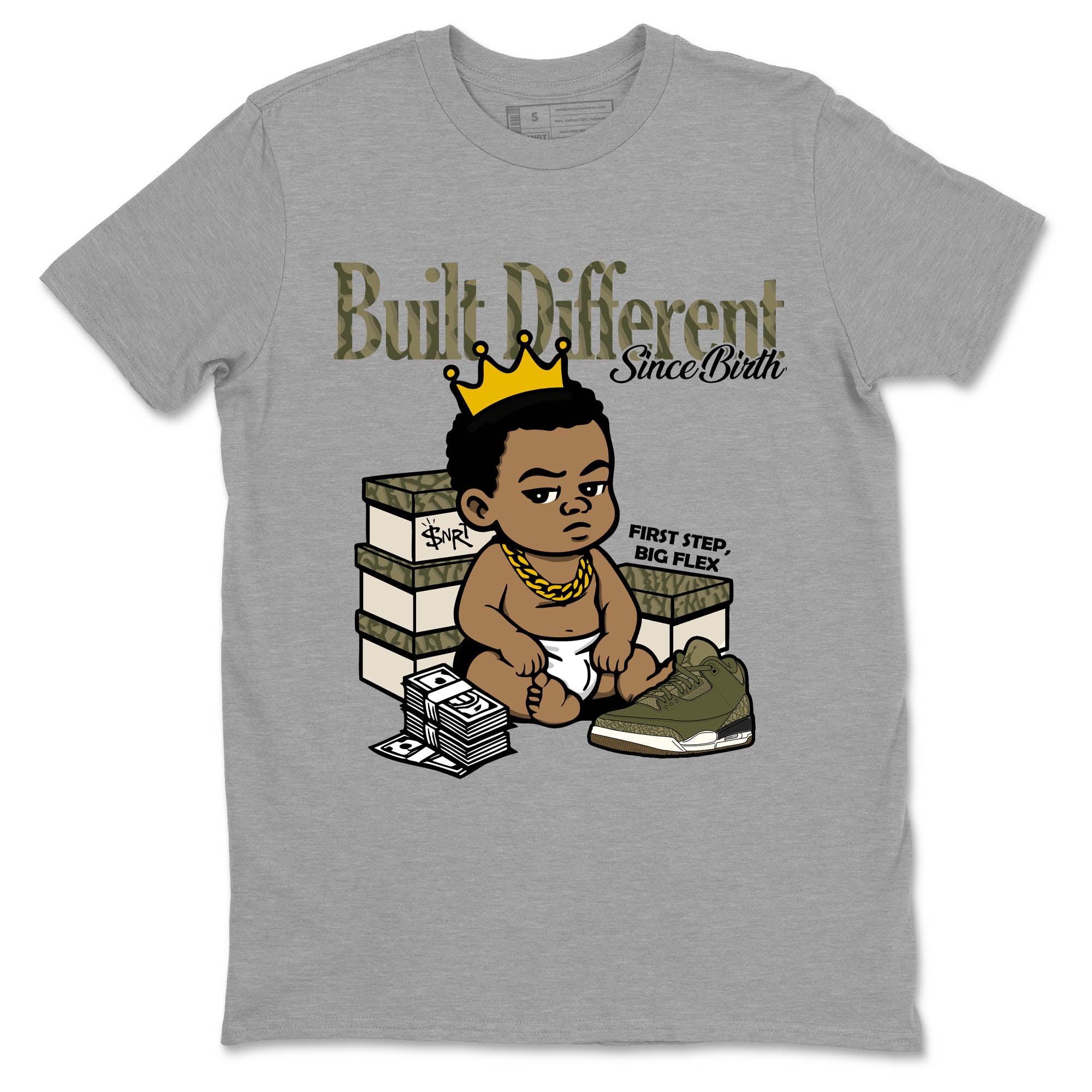 Sneaker Threads – Sneaker Tees To Match Air Jordan 3 Medium Olive – Built Different Since Birth Graphic Tee Heather Grey 2. Perfect for Jordan releases 2025 colorways.