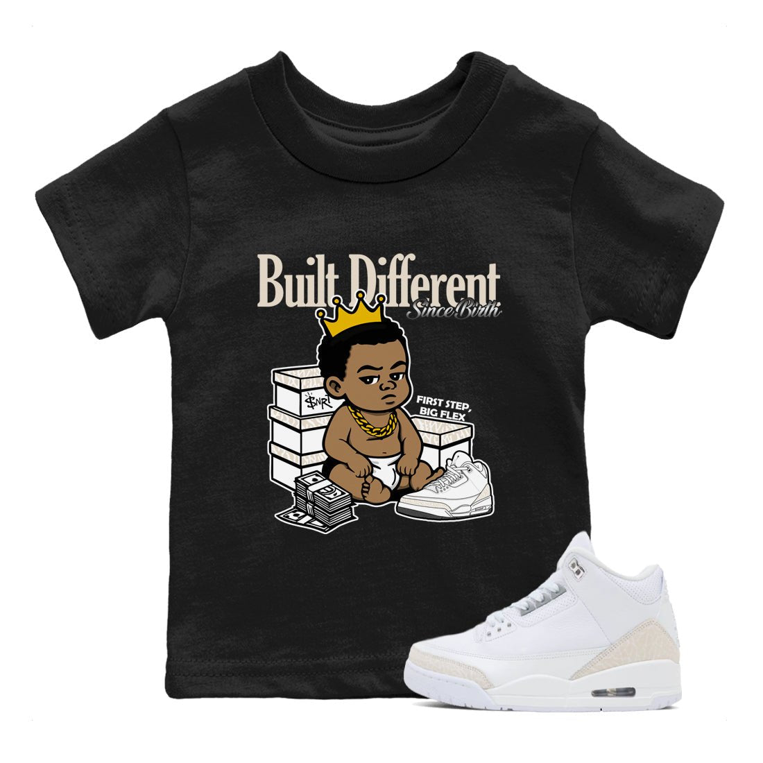 Built Different Since Birth baby and kids t-shirt crafted for little sneakerheads to shine with the Air Jordan 3 Pure Money sneakers, displayed in Black 1.