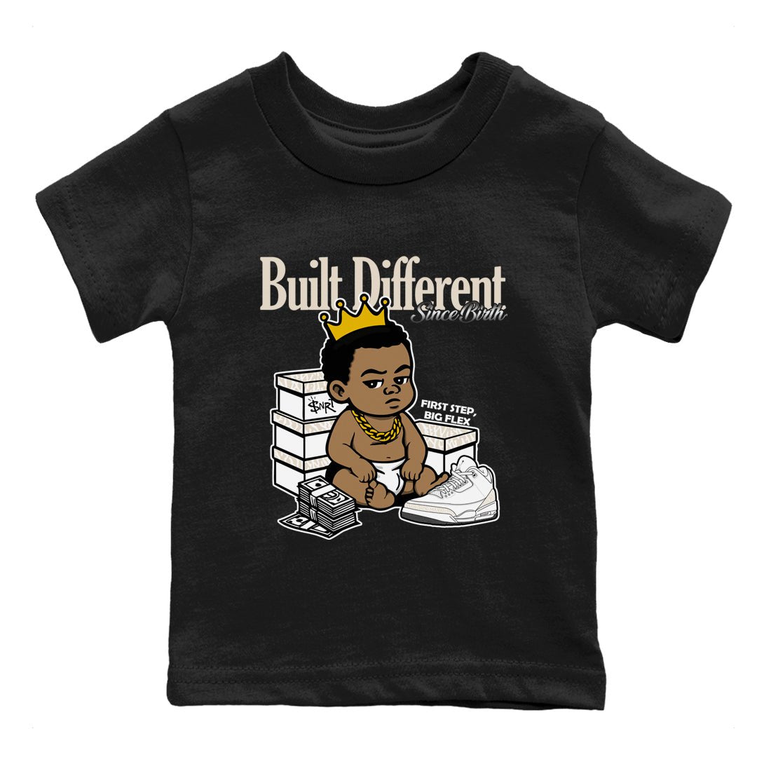 Built Different Since Birth baby and kids t-shirt crafted for little sneakerheads to shine with the Air Jordan 3 Pure Money sneakers, displayed in Black 2.