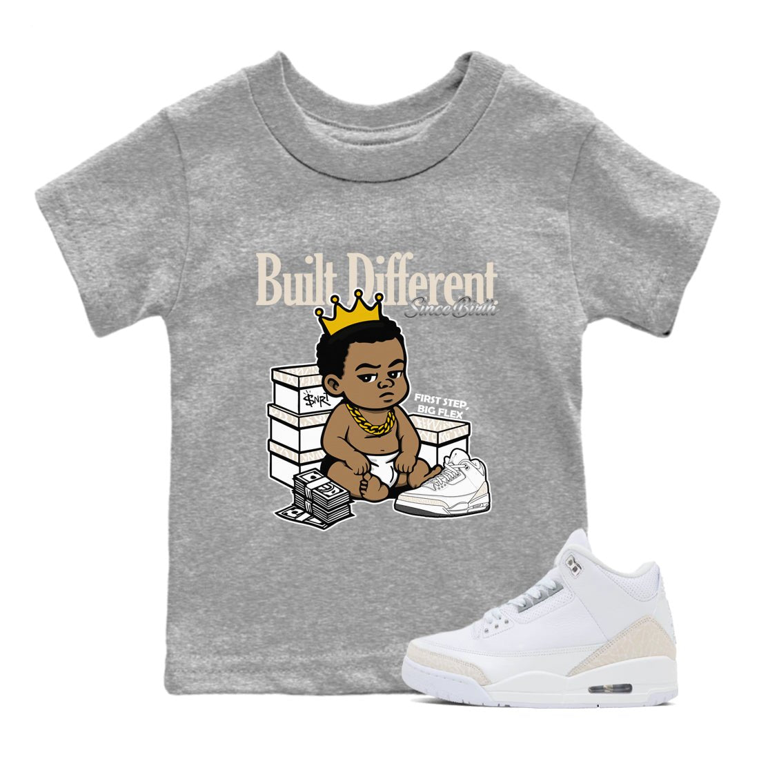 Built Different Since Birth baby and kids t-shirt crafted for little sneakerheads to shine with the Air Jordan 3 Pure Money sneakers, displayed in Heather Grey 1.