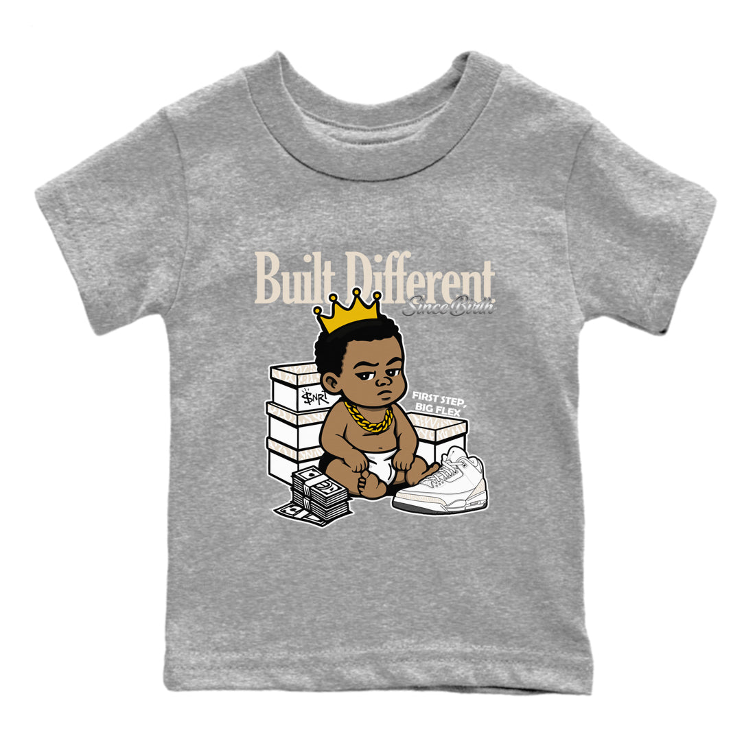 Built Different Since Birth baby and kids t-shirt crafted for little sneakerheads to shine with the Air Jordan 3 Pure Money sneakers, displayed in Heather Grey 2.