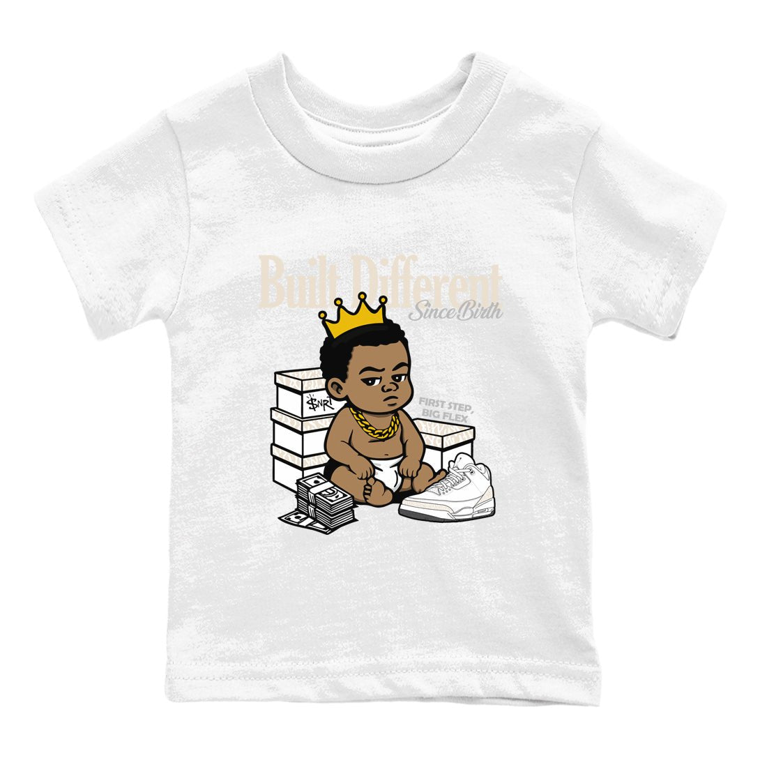 Built Different Since Birth baby and kids t-shirt crafted for little sneakerheads to shine with the Air Jordan 3 Pure Money sneakers, displayed in White 2.