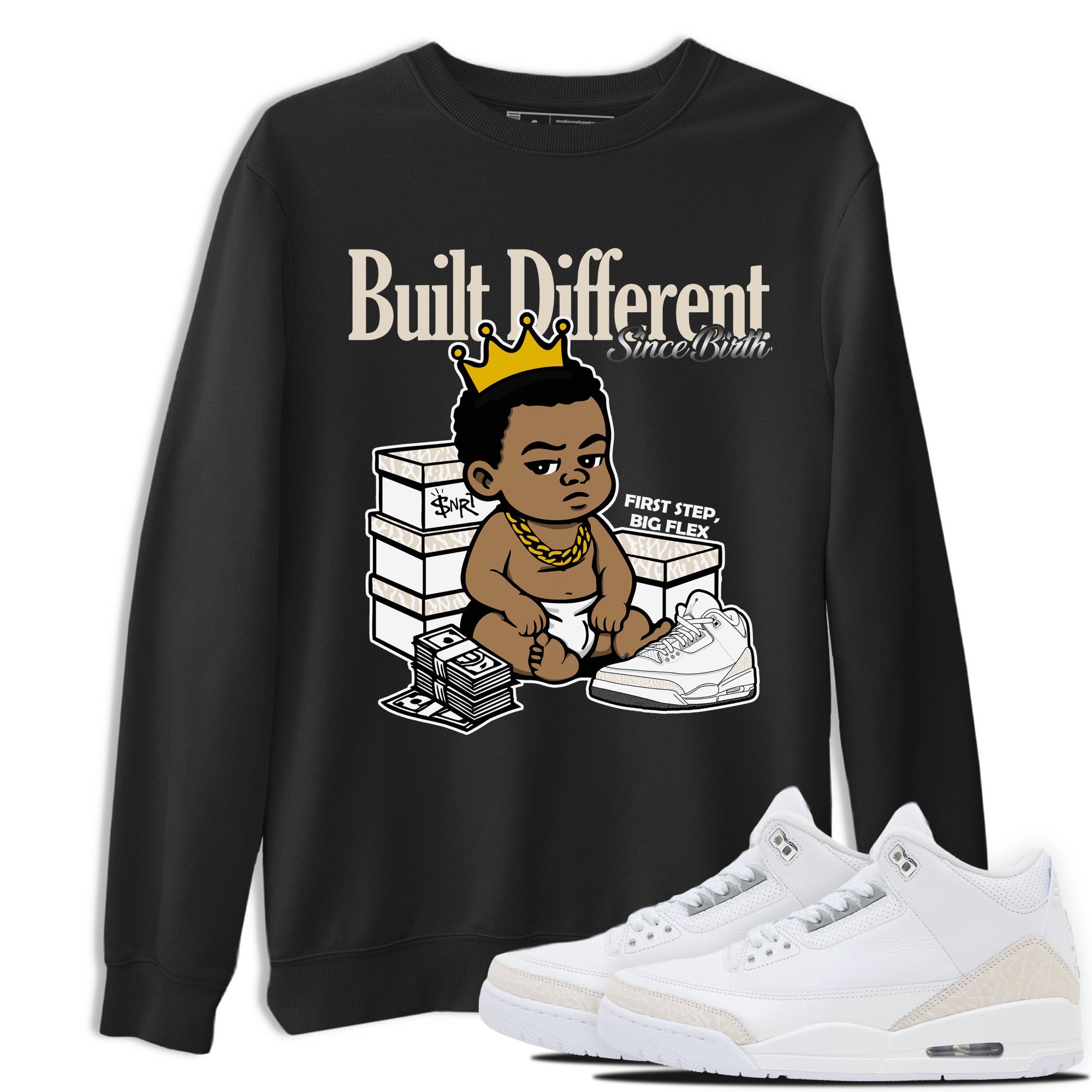 Built Different Since Birth sneaker match t-shirt styled to complete your fit with the Air Jordan 3 Pure Money sneakers, shown in Black 1.