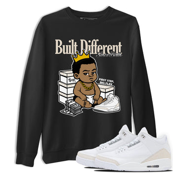 Built Different Since Birth sneaker match t-shirt styled to complete your fit with the Air Jordan 3 Pure Money sneakers, shown in Black 1.