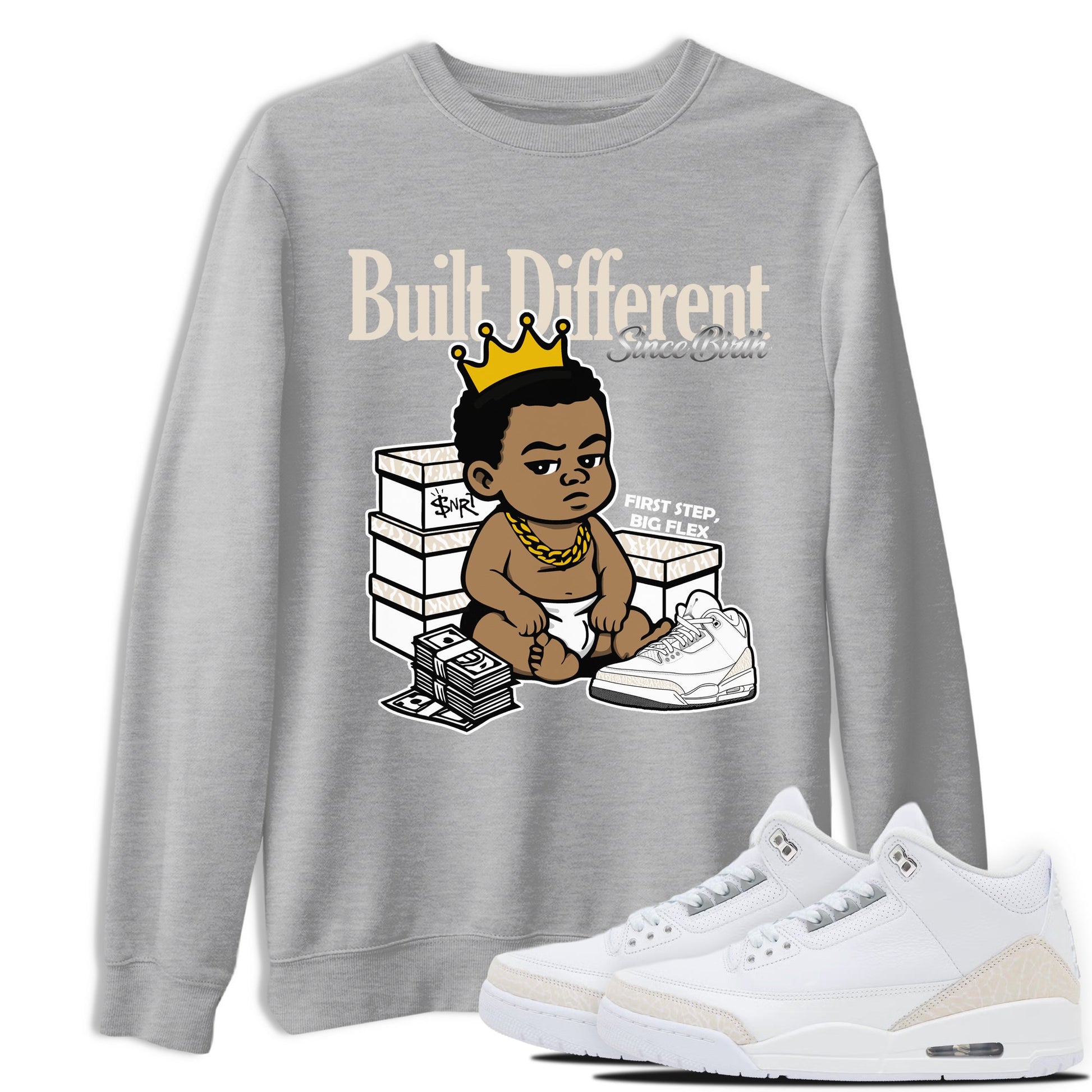 Built Different Since Birth sneaker match t-shirt styled to complete your fit with the Air Jordan 3 Pure Money sneakers, shown in Heather Grey 1.