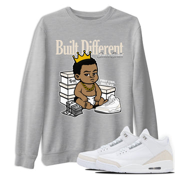 Built Different Since Birth sneaker match t-shirt styled to complete your fit with the Air Jordan 3 Pure Money sneakers, shown in Heather Grey 1.