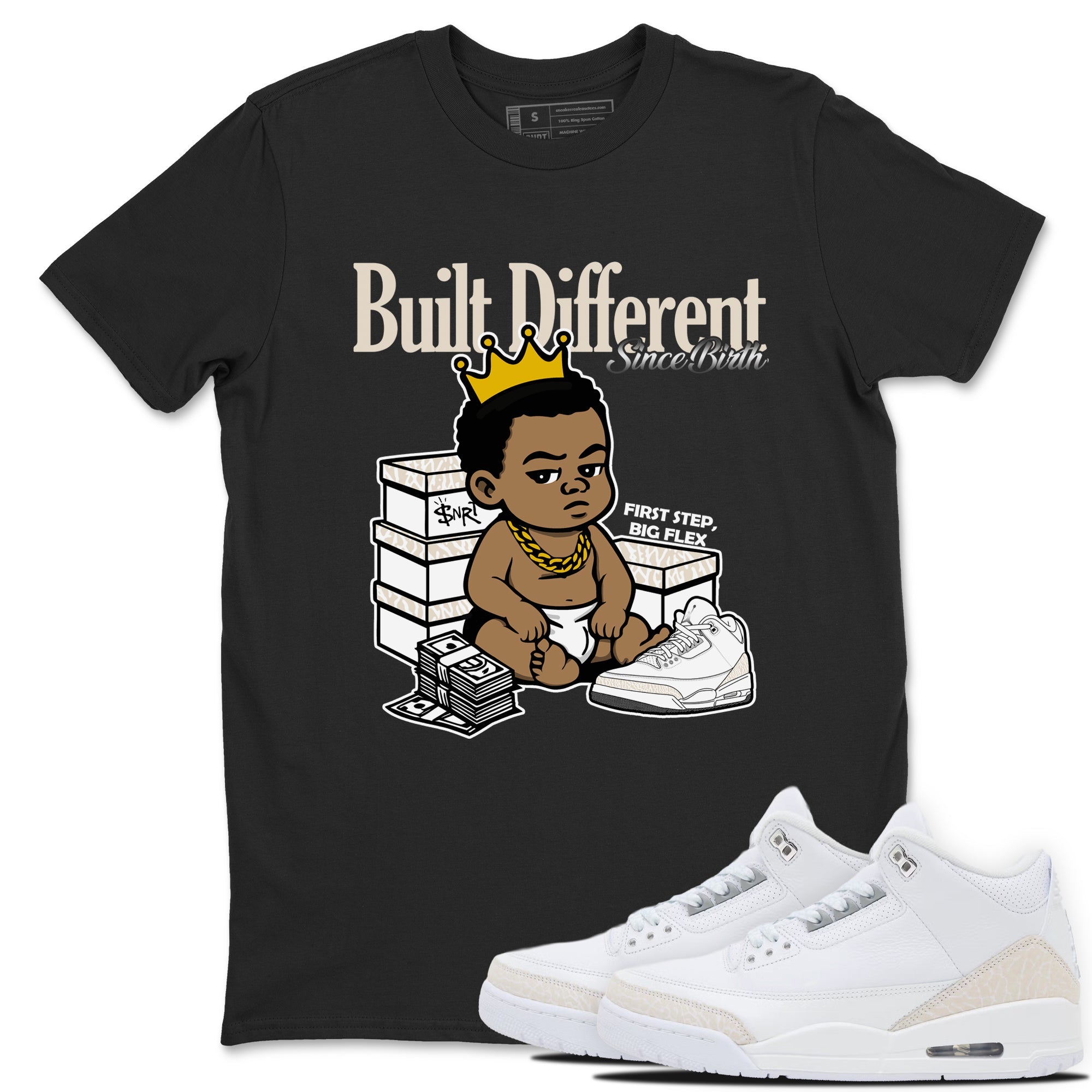 Built Different Since Birth sneaker match t-shirt styled to complete your fit with the Air Jordan 3 Pure Money sneakers, shown in Black 1.