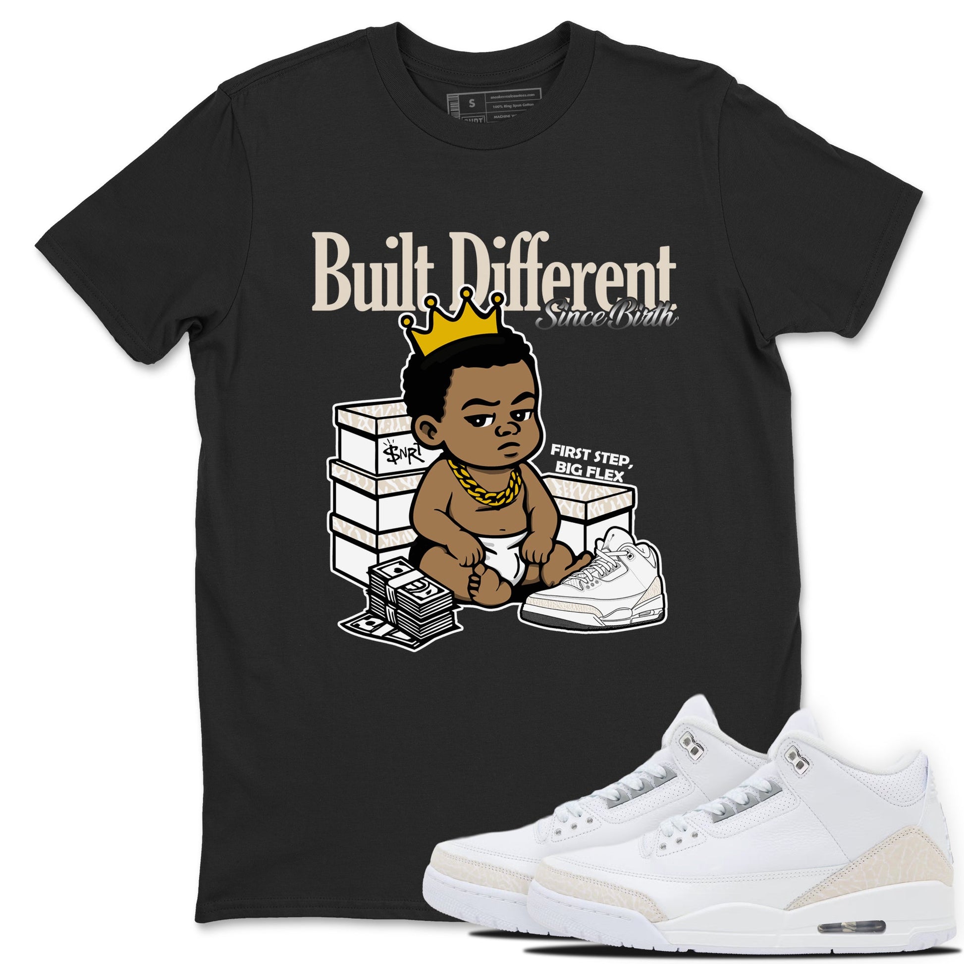 Built Different Since Birth sneaker match t-shirt styled to complete your fit with the Air Jordan 3 Pure Money sneakers, shown in Black 1.