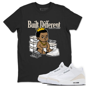 Built Different Since Birth sneaker match t-shirt styled to complete your fit with the Air Jordan 3 Pure Money sneakers, shown in Black 1.
