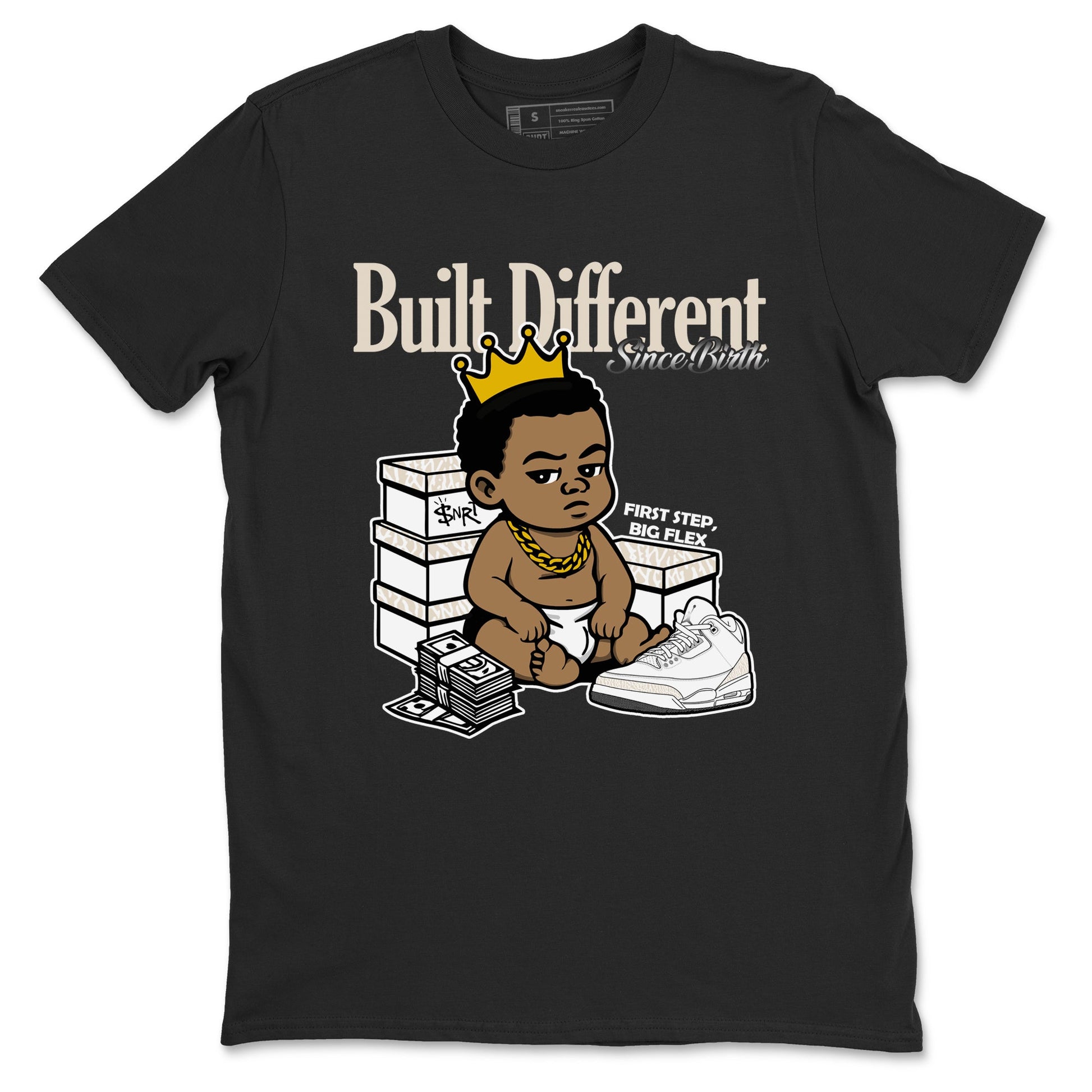 Built Different Since Birth sneaker match t-shirt styled to complete your fit with the Air Jordan 3 Pure Money sneakers, shown in Black 2.