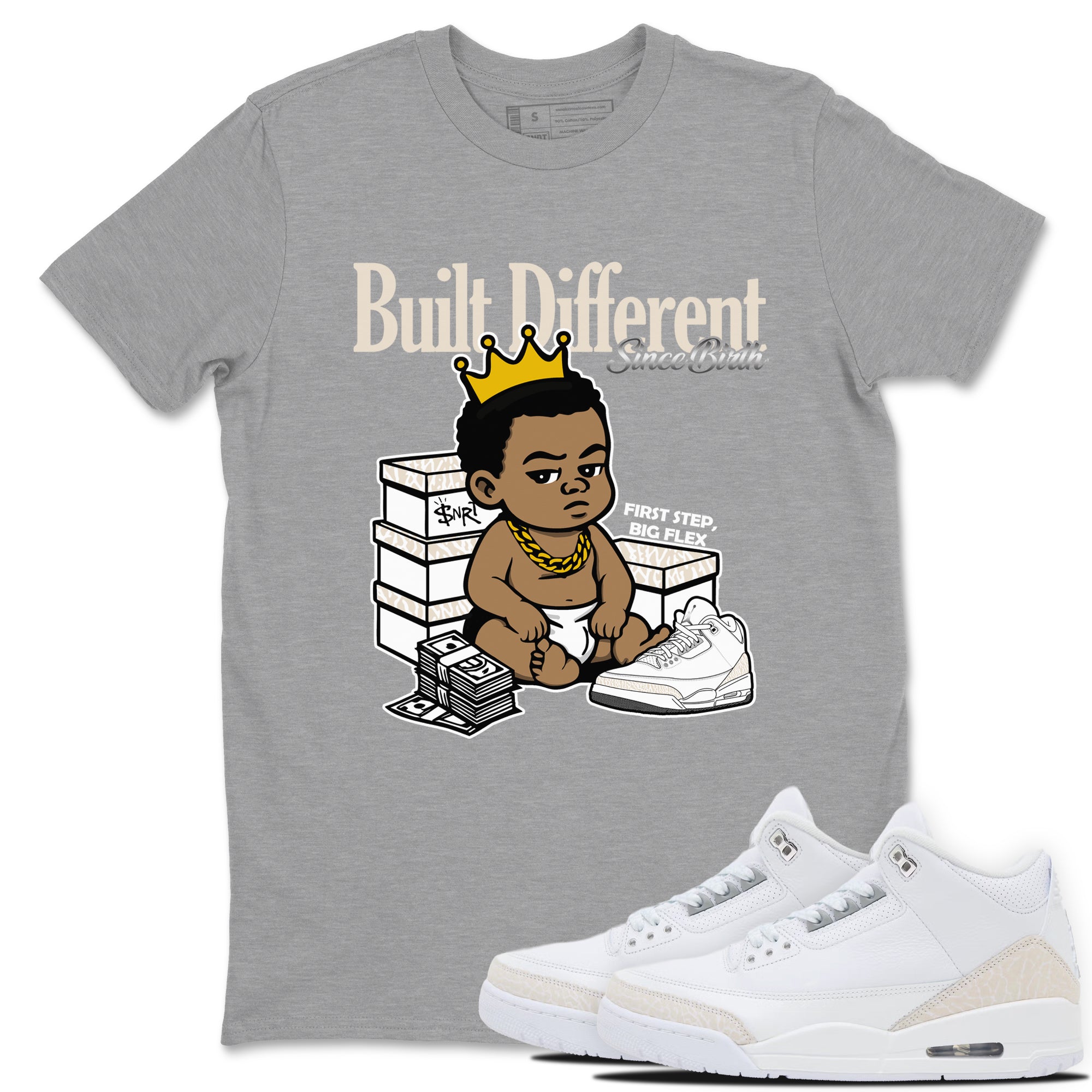 Built Different Since Birth sneaker match t-shirt styled to complete your fit with the Air Jordan 3 Pure Money sneakers, shown in Heather Grey 1.