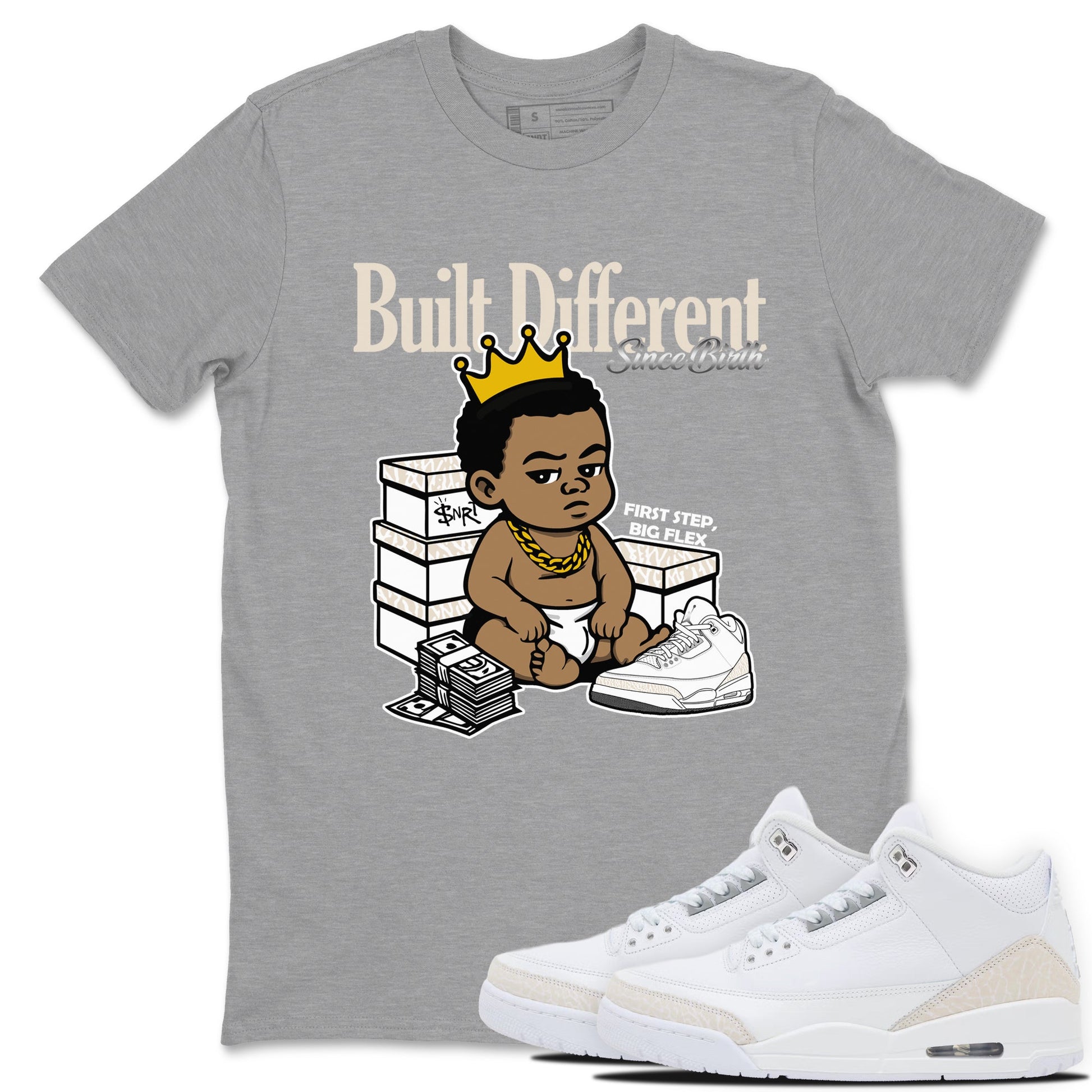 Built Different Since Birth sneaker match t-shirt styled to complete your fit with the Air Jordan 3 Pure Money sneakers, shown in Heather Grey 1.