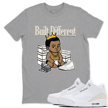 Built Different Since Birth sneaker match t-shirt styled to complete your fit with the Air Jordan 3 Pure Money sneakers, shown in Heather Grey 1.