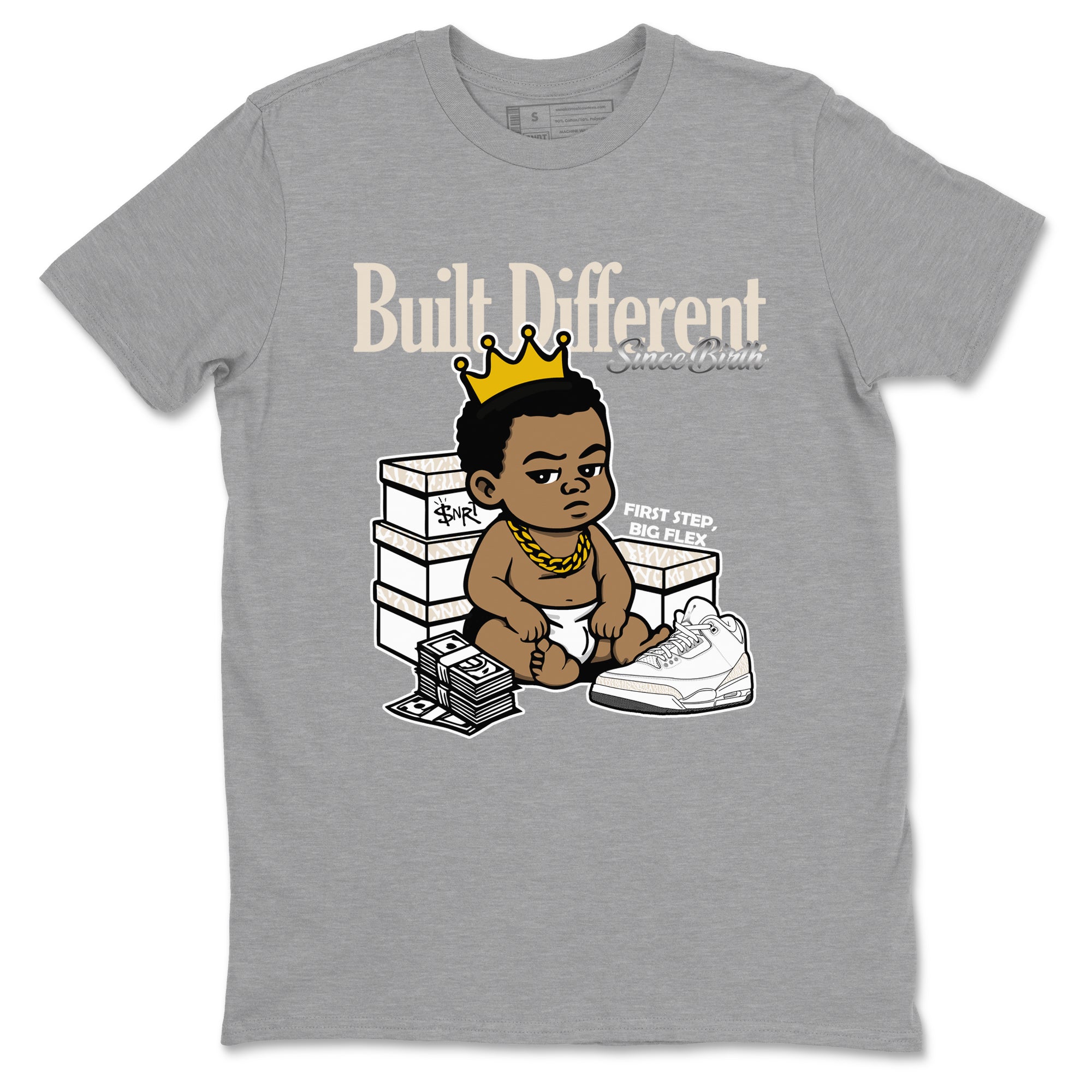 Built Different Since Birth sneaker match t-shirt styled to complete your fit with the Air Jordan 3 Pure Money sneakers, shown in Heather Grey 2.