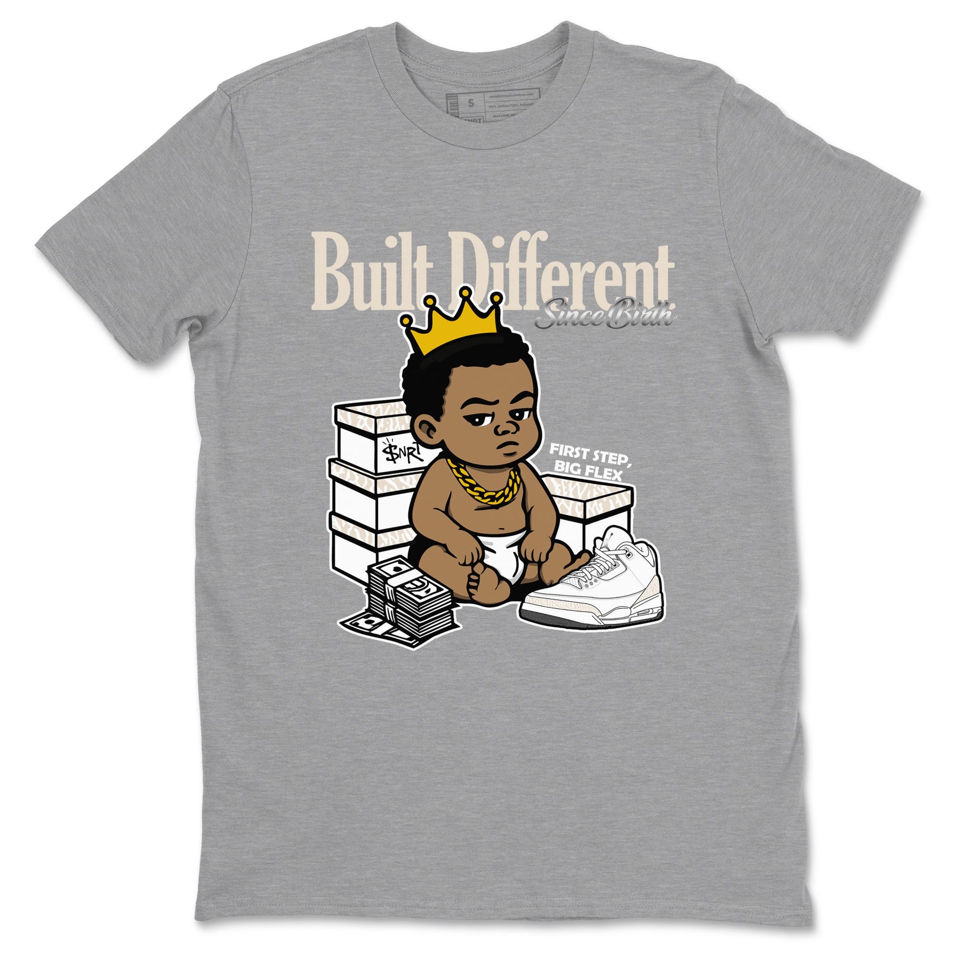 Built Different Since Birth sneaker match t-shirt styled to complete your fit with the Air Jordan 3 Pure Money sneakers, shown in Heather Grey 2.