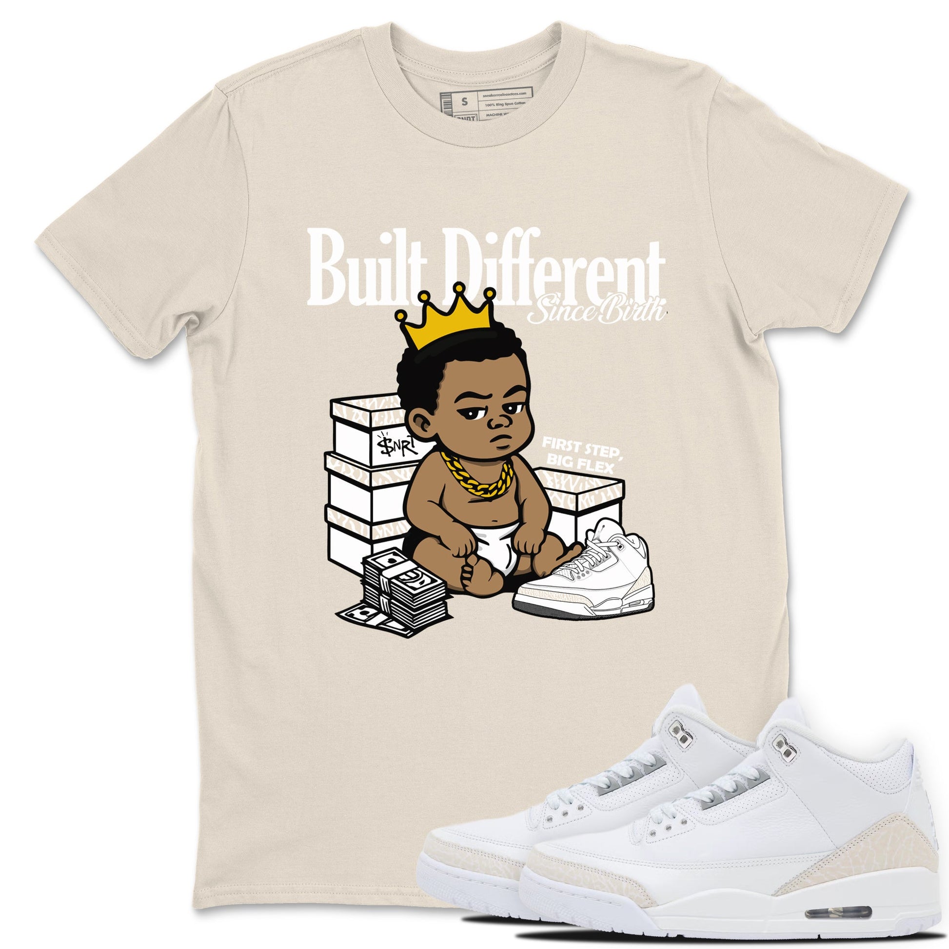 Built Different Since Birth sneaker match t-shirt styled to complete your fit with the Air Jordan 3 Pure Money sneakers, shown in Natural 1.