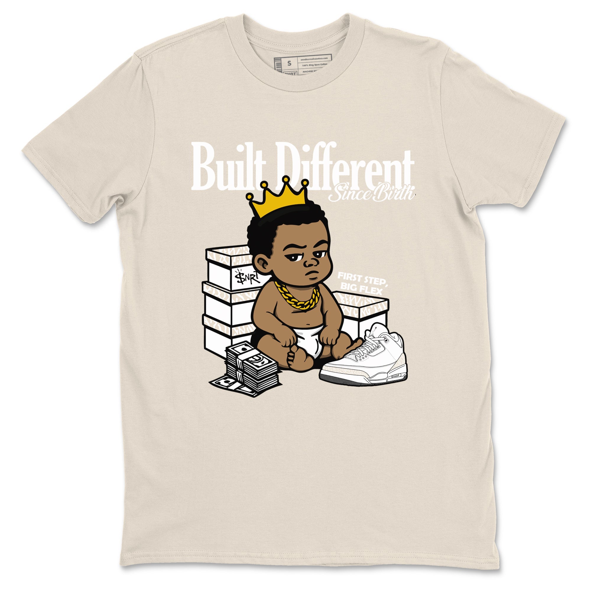 Built Different Since Birth sneaker match t-shirt styled to complete your fit with the Air Jordan 3 Pure Money sneakers, shown in Natural 2.