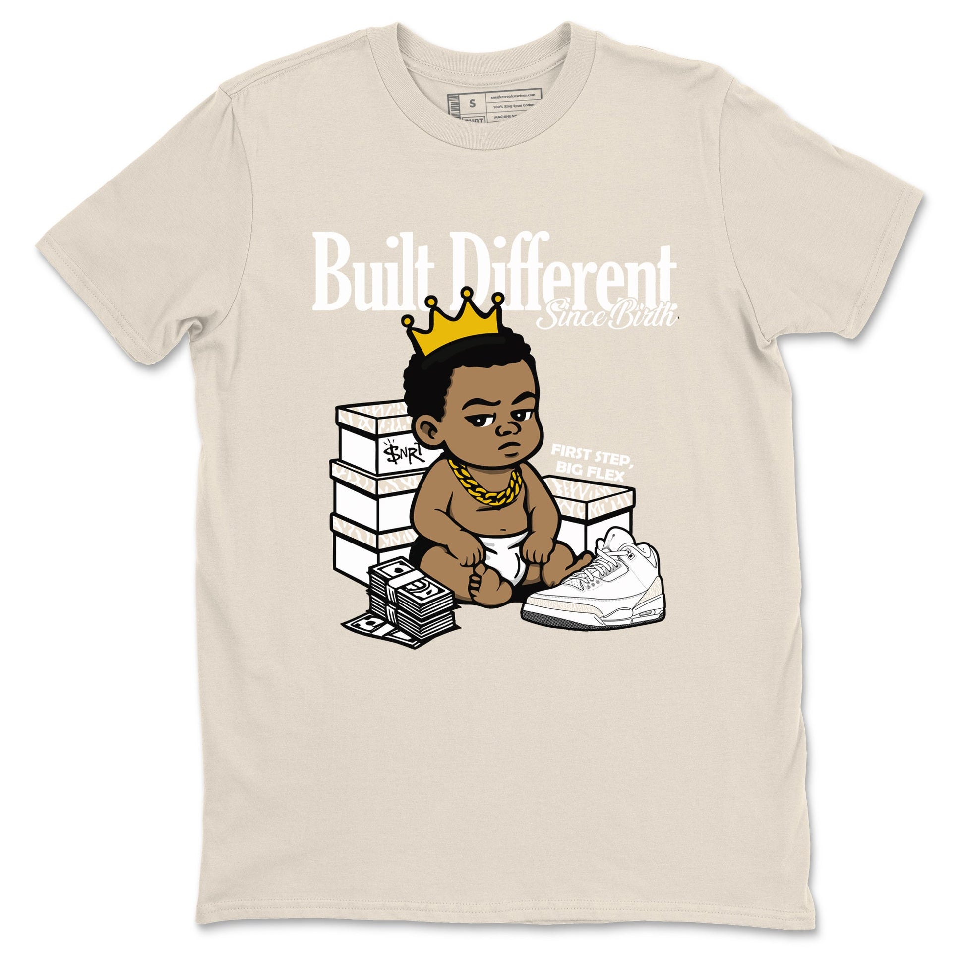 Built Different Since Birth sneaker match t-shirt styled to complete your fit with the Air Jordan 3 Pure Money sneakers, shown in Natural 2.