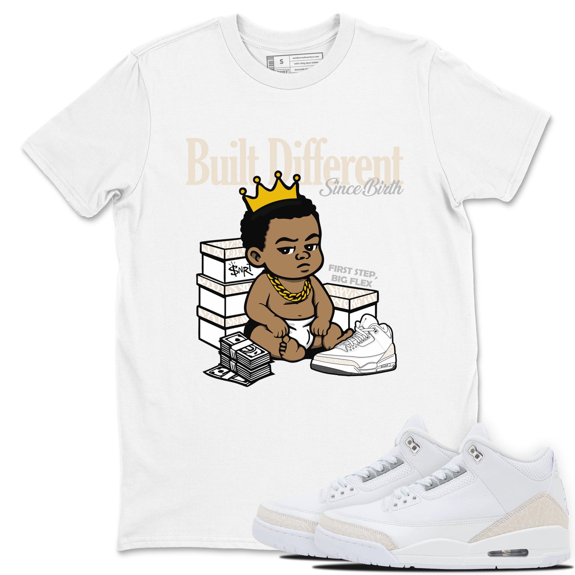 Built Different Since Birth sneaker match t-shirt styled to complete your fit with the Air Jordan 3 Pure Money sneakers, shown in White 1.