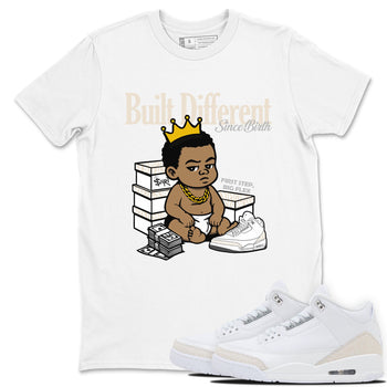 Built Different Since Birth sneaker match t-shirt styled to complete your fit with the Air Jordan 3 Pure Money sneakers, shown in White 1.