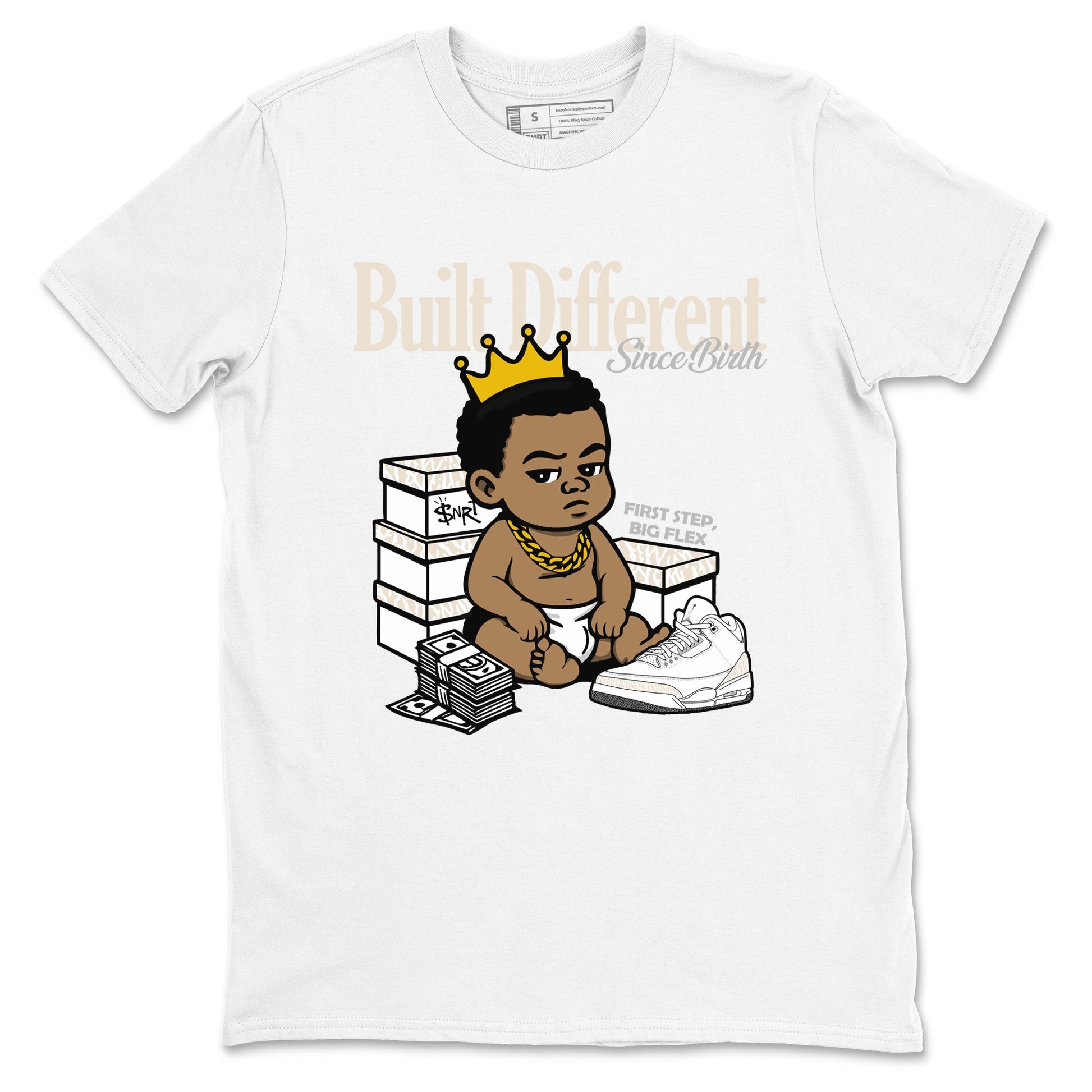 Built Different Since Birth sneaker match t-shirt styled to complete your fit with the Air Jordan 3 Pure Money sneakers, shown in White 2.