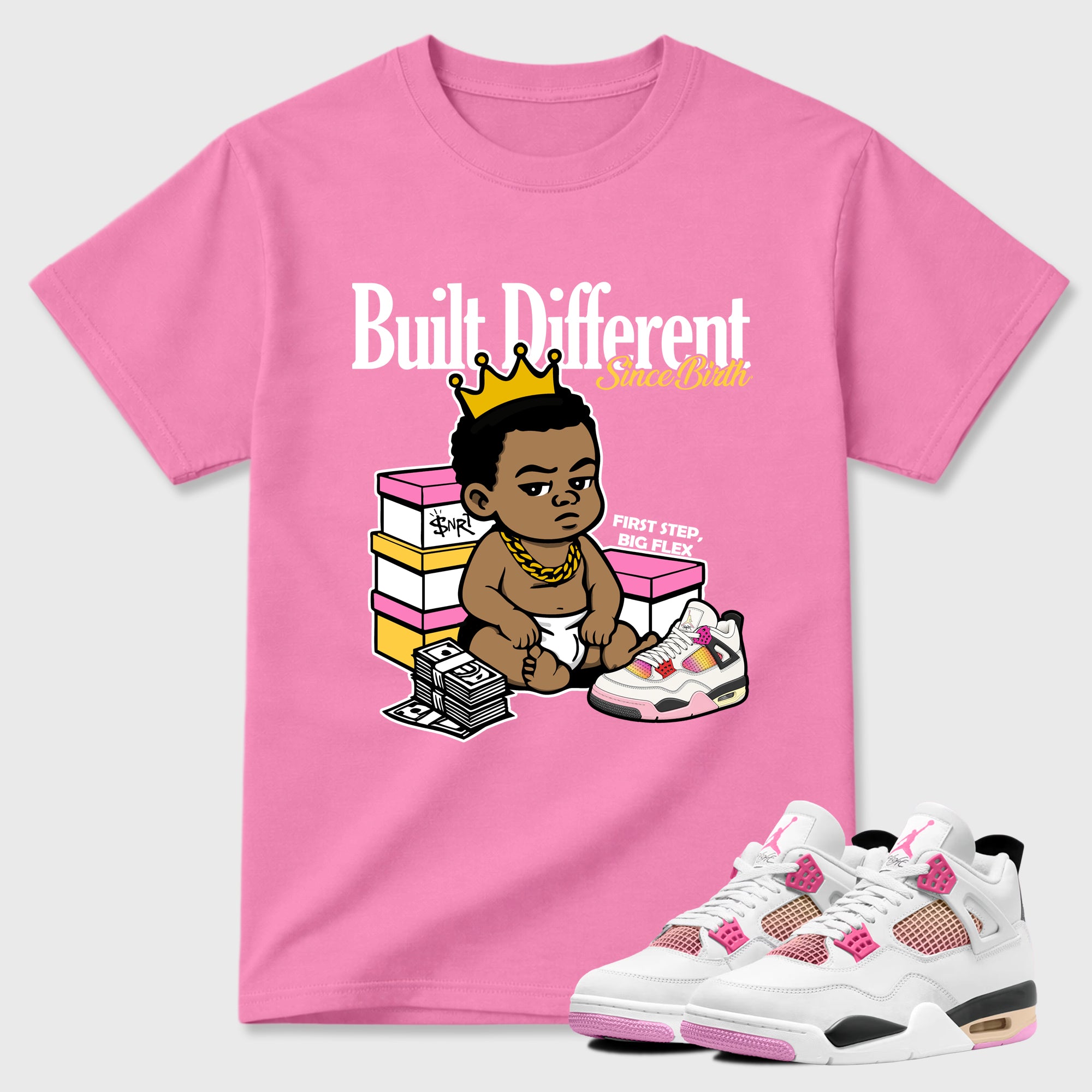 Built Different Since Birth Graphic T-Shirt featuring original streetwear artwork designed to match the Air Jordan 4 Comic. Bubble Gum 1 Graphic T-Shirt.